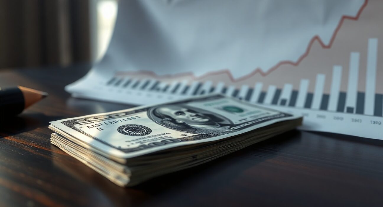 Close-up of a US hundred dollar bill on a desk next to a financial chart showing an upward trend.