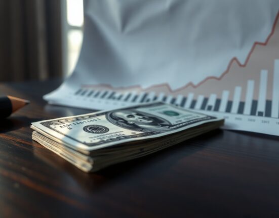 Close-up of a US hundred dollar bill on a desk next to a financial chart showing an upward trend.