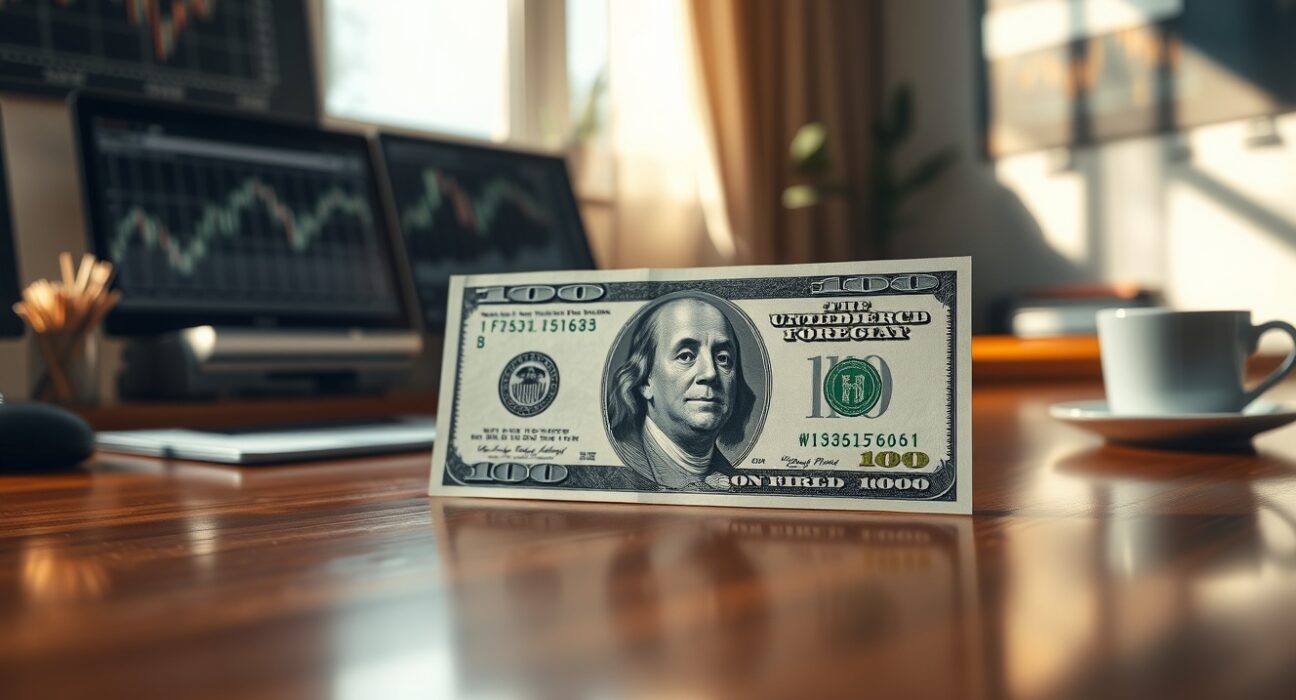 US dollar banknote on a desk with financial charts in background