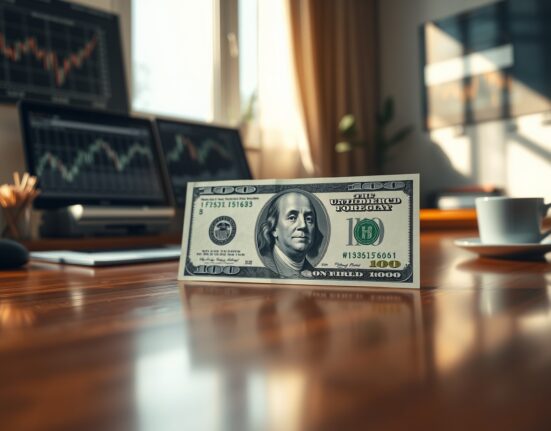 US dollar banknote on a desk with financial charts in background