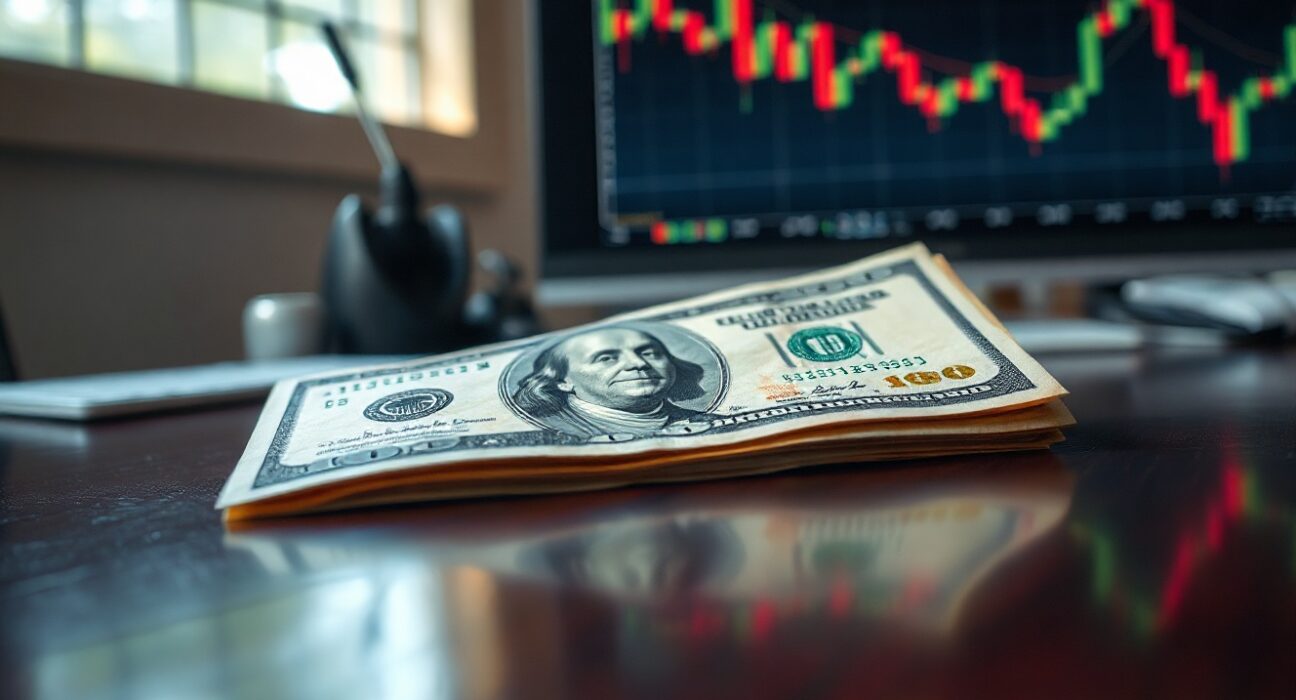 US Dollar banknote on desk with financial charts in background
