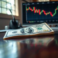 US Dollar banknote on desk with financial charts in background