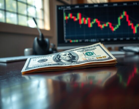 US Dollar banknote on desk with financial charts in background