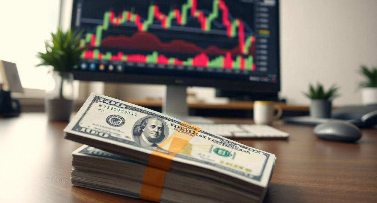 US dollar bills and financial charts on a screen, representing currency market analysis