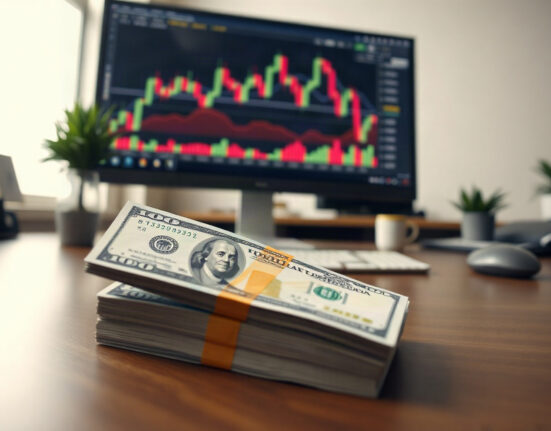 US dollar bills and financial charts on a screen, representing currency market analysis