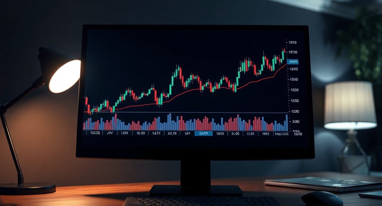Financial analyst desk with US dollar index chart on monitor