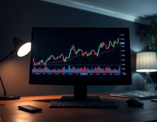Financial analyst desk with US dollar index chart on monitor