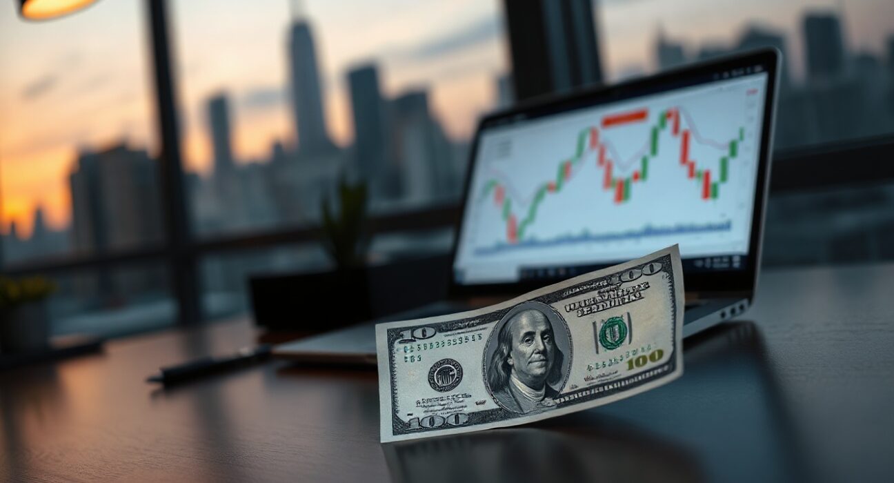 US Dollar banknote and financial chart on desk representing currency market analysis.