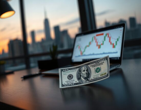 US Dollar banknote and financial chart on desk representing currency market analysis.