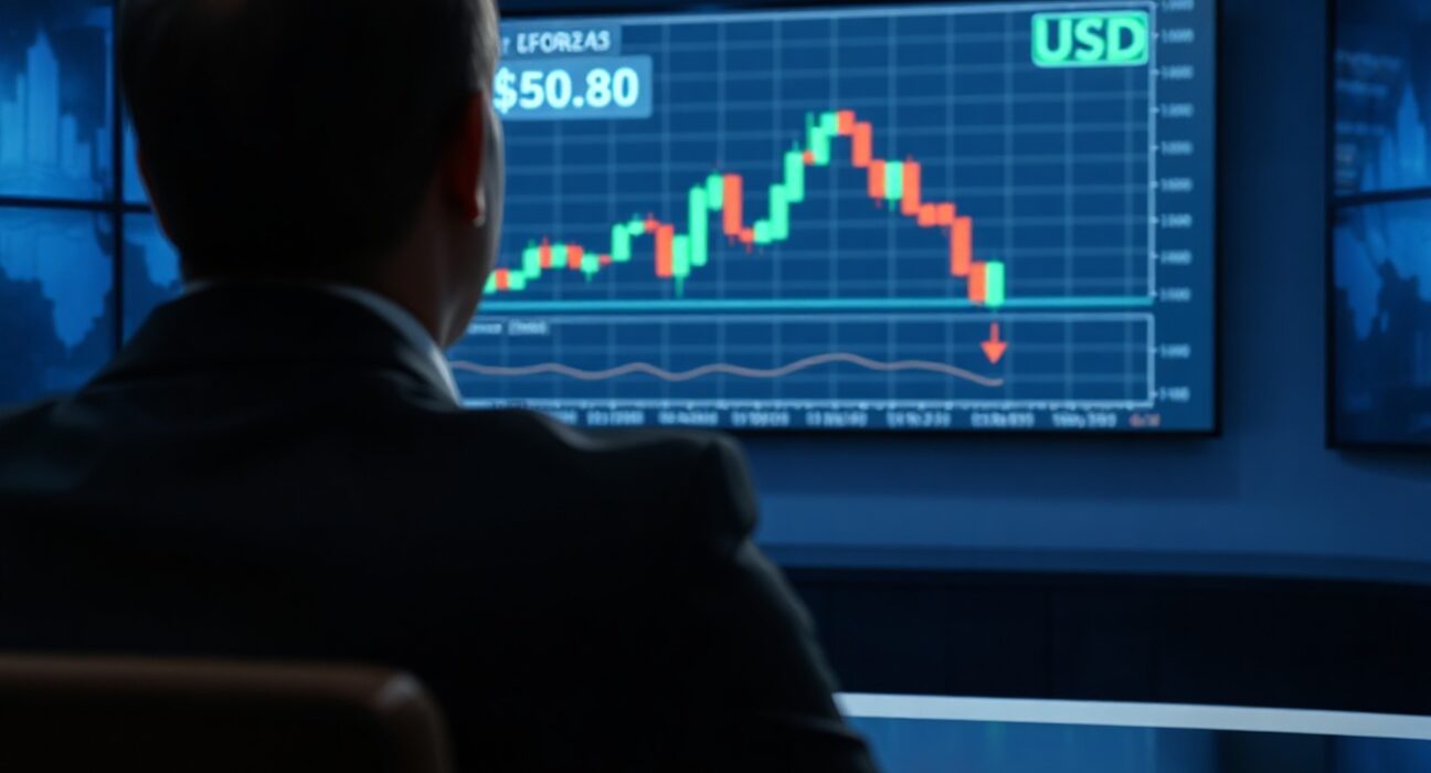 Financial analyst monitoring US dollar forex chart on digital display in modern newsroom