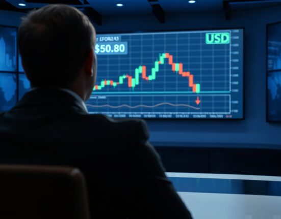 Financial analyst monitoring US dollar forex chart on digital display in modern newsroom