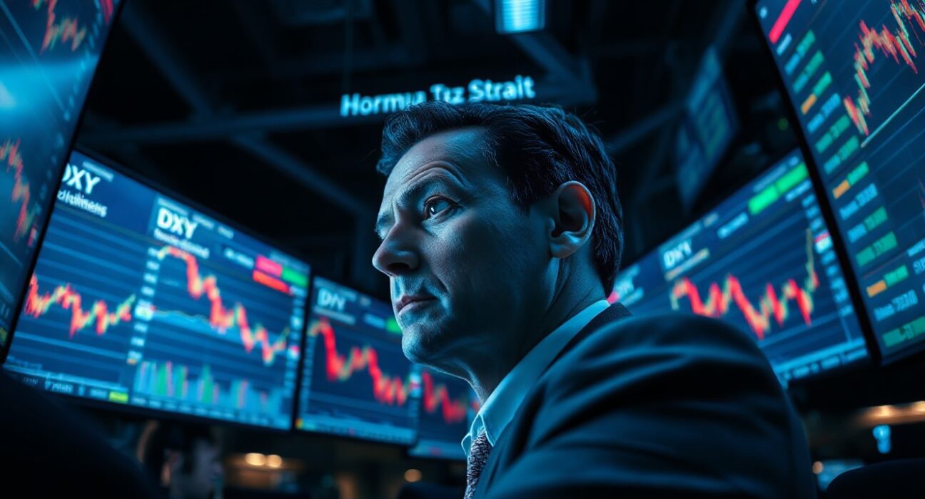 Trader monitors US dollar forex charts amid geopolitical tension and Federal Reserve commentary
