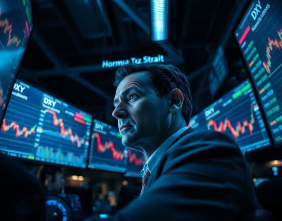 Trader monitors US dollar forex charts amid geopolitical tension and Federal Reserve commentary