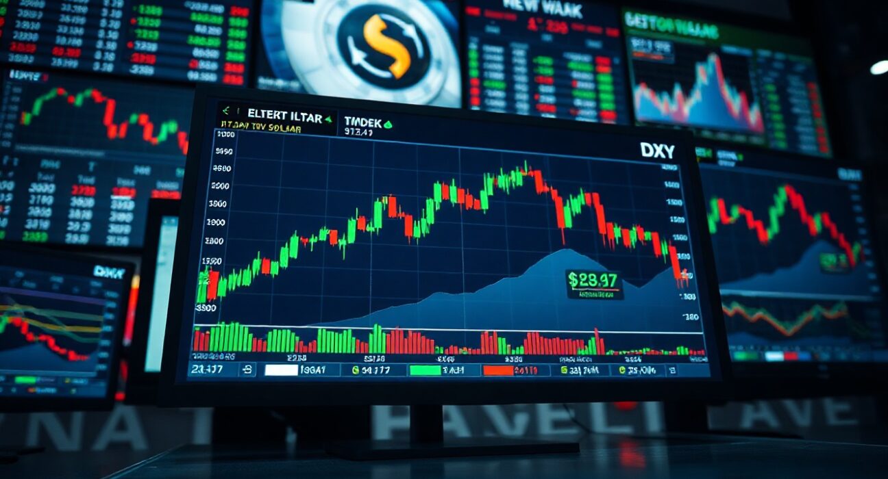Digital screen showing US Dollar index candlestick chart in a professional trading environment
