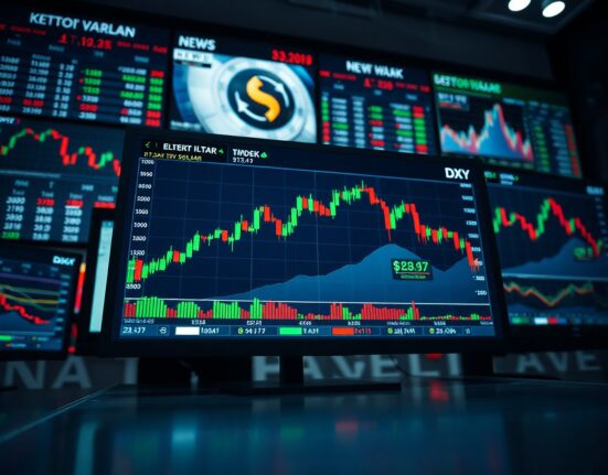 Digital screen showing US Dollar index candlestick chart in a professional trading environment