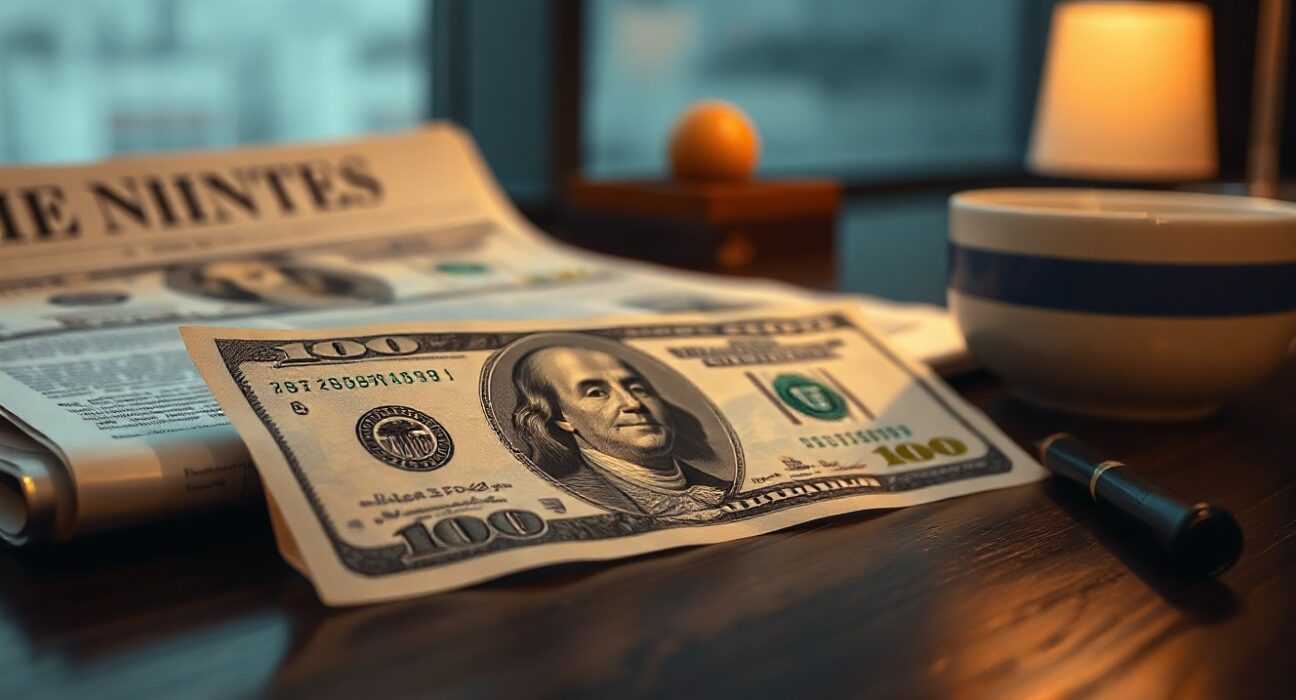 Close-up of a US dollar bill on a desk with a financial newspaper and coffee cup, representing currency market analysis.