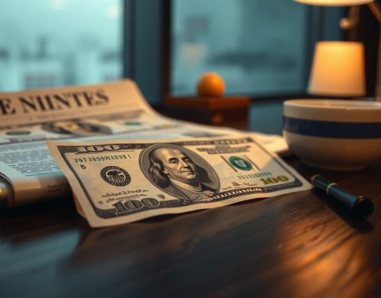 Close-up of a US dollar bill on a desk with a financial newspaper and coffee cup, representing currency market analysis.