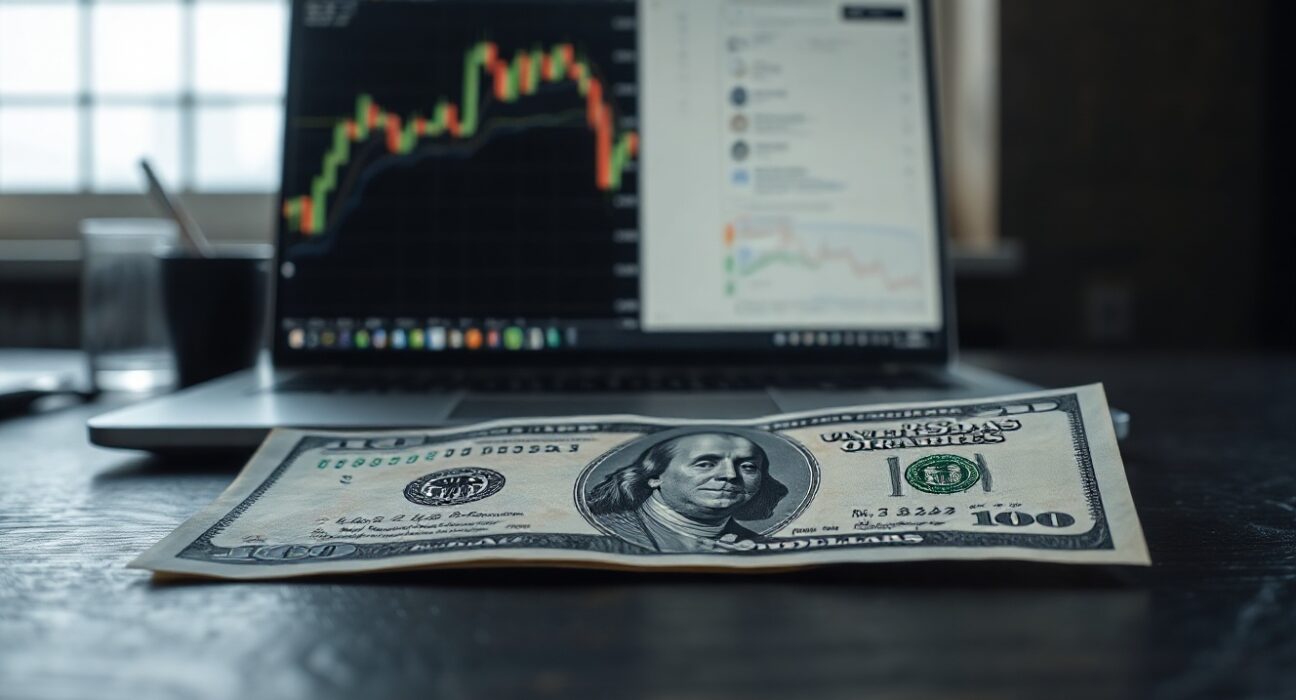 US dollar bill on desk with financial charts in background