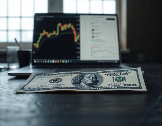 US dollar bill on desk with financial charts in background