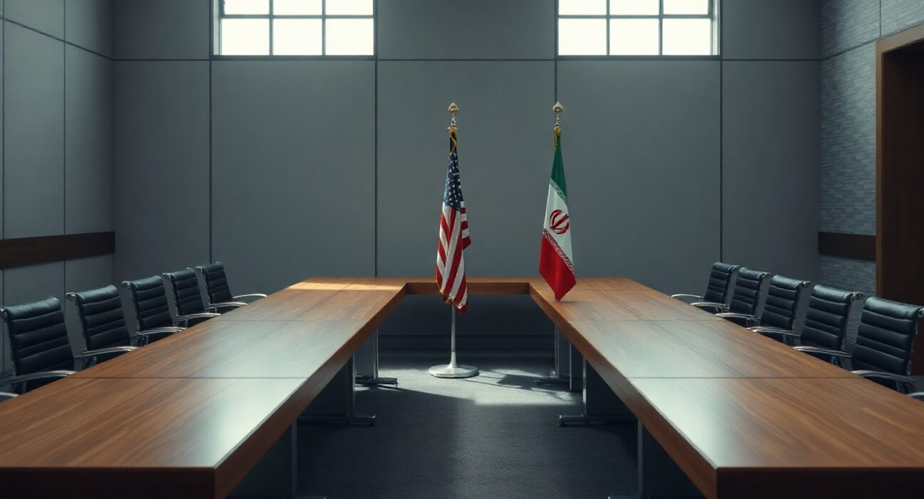 Diplomatic meeting room with US and Iranian flags during peace negotiations