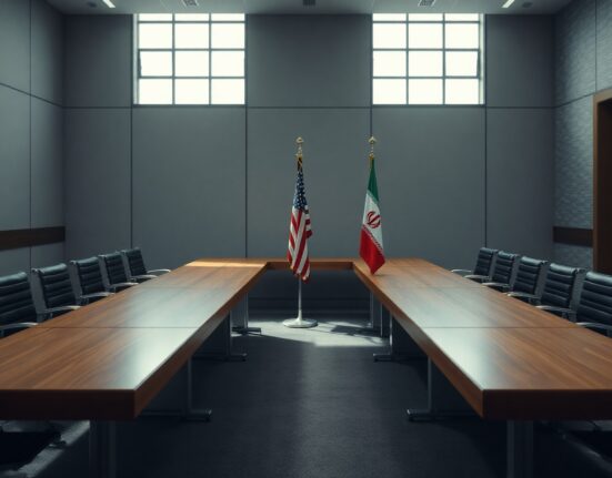 Diplomatic meeting room with US and Iranian flags during peace negotiations