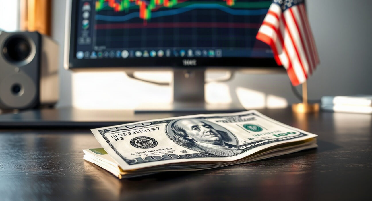 US dollar banknote with a forex chart in the background ahead of Jackson Hole symposium