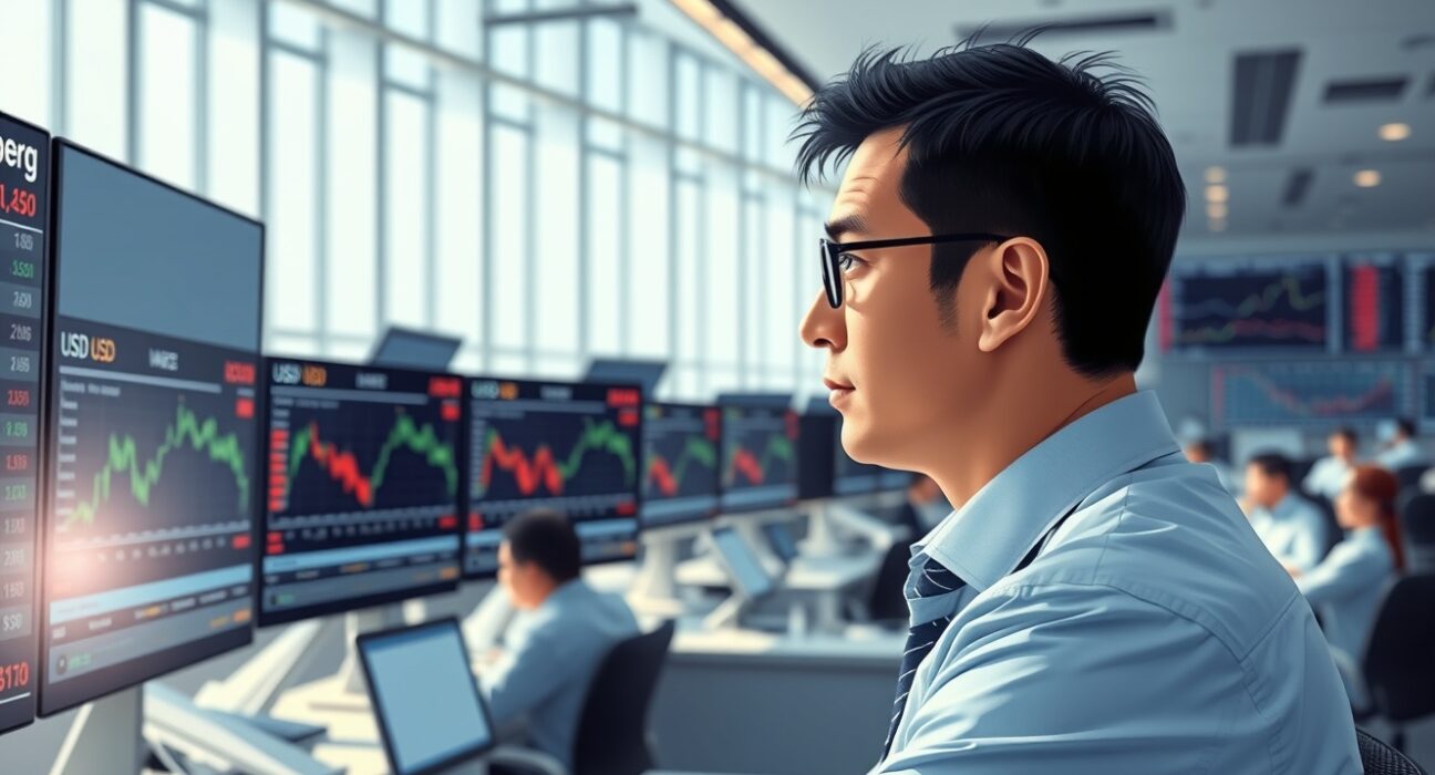 Professional forex trader analyzing USD currency charts after Federal Reserve policy decision