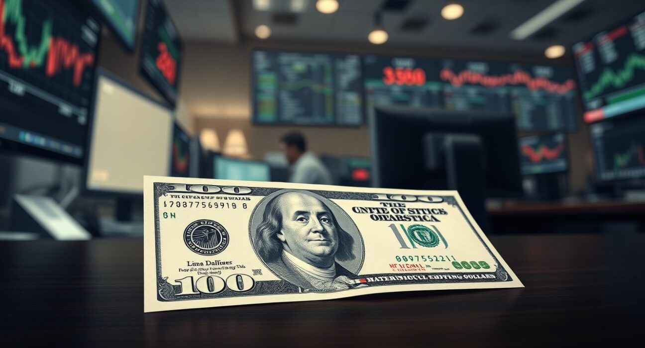 Financial analyst monitoring U.S. dollar strength on trading screens amid geopolitical tension with Iran.