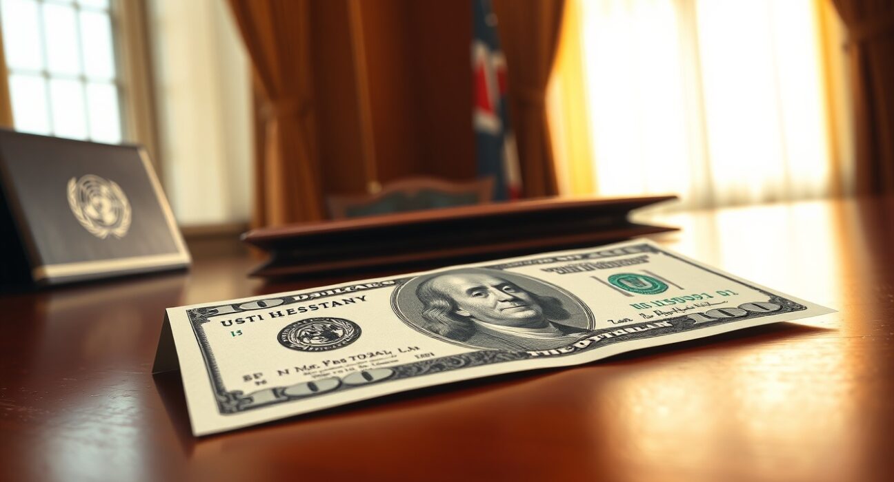 U.S. dollar bill in a diplomatic setting reflecting news of Iran peace talk hopes.