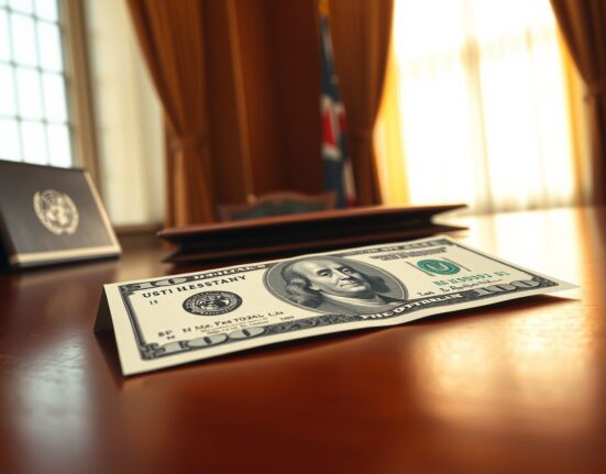 U.S. dollar bill in a diplomatic setting reflecting news of Iran peace talk hopes.