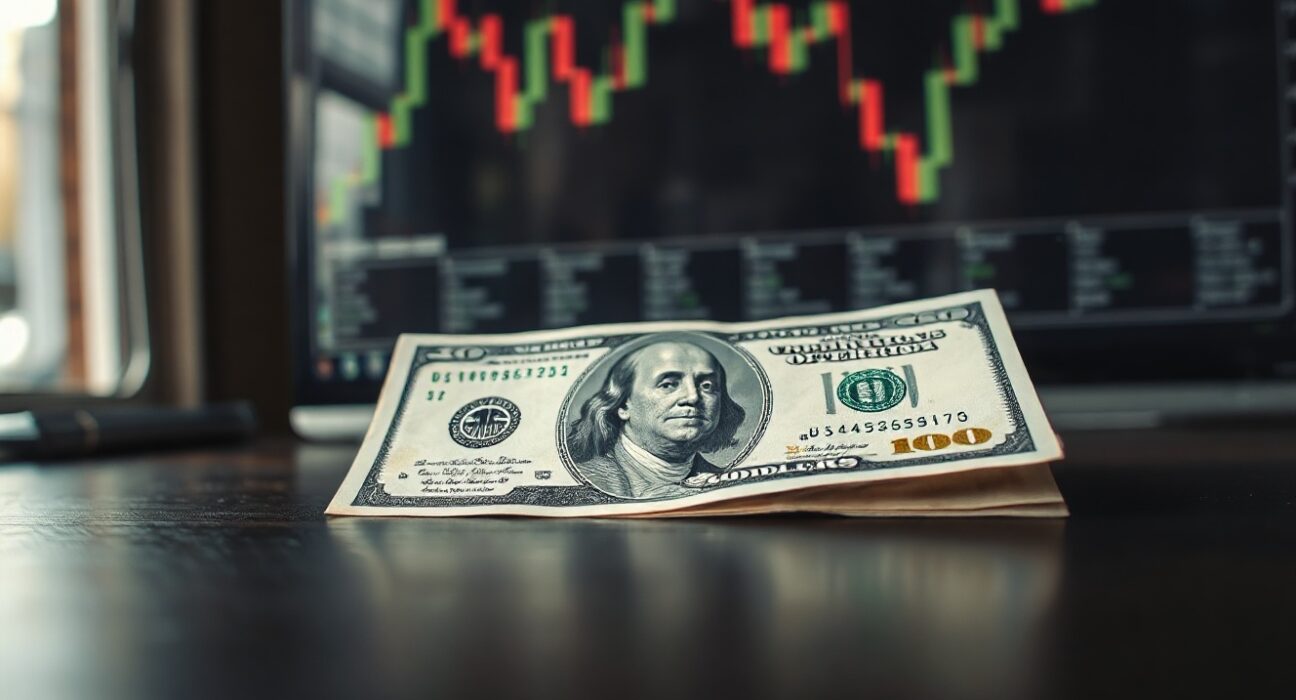 US dollar banknote on desk with financial chart in background