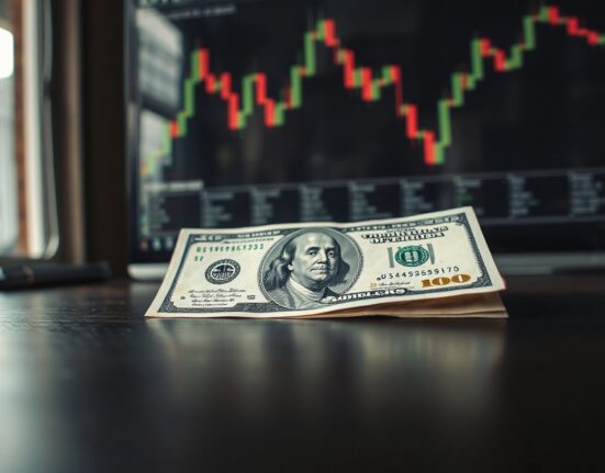 US dollar banknote on desk with financial chart in background