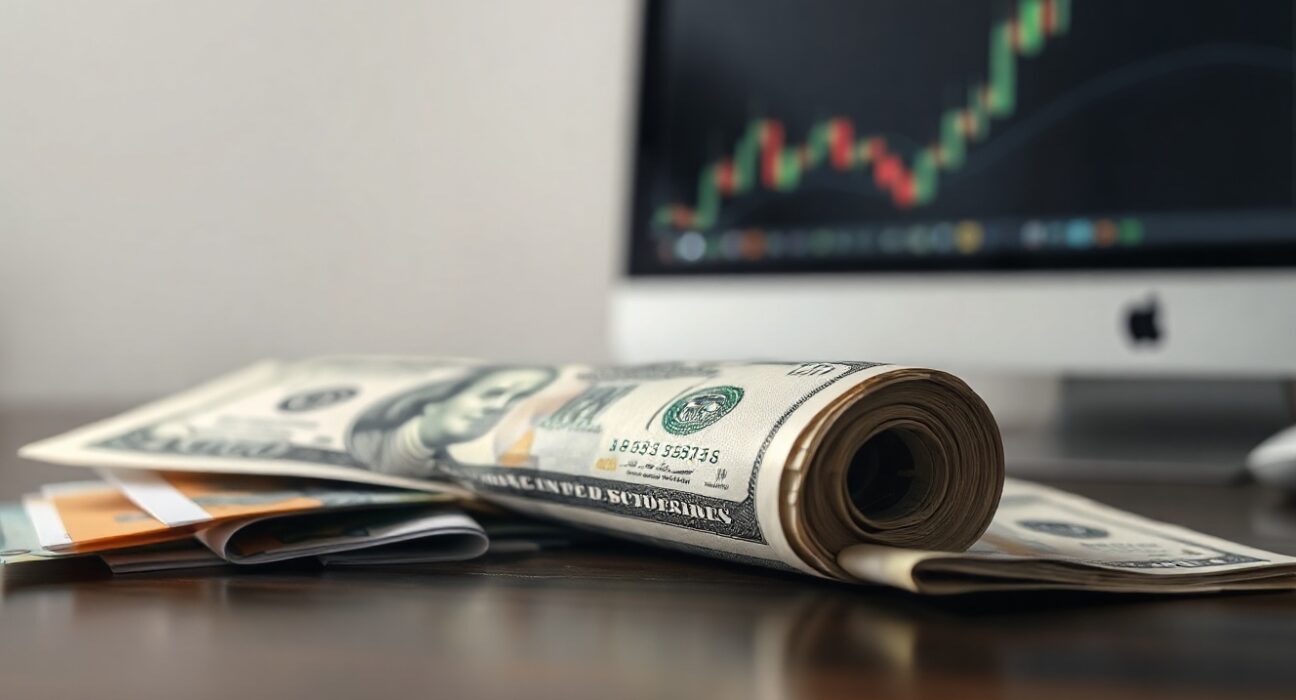 Stack of US Dollar bills mixed with other foreign currencies on a desk, representing forex market trading.