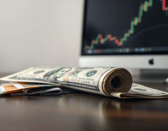 Stack of US Dollar bills mixed with other foreign currencies on a desk, representing forex market trading.
