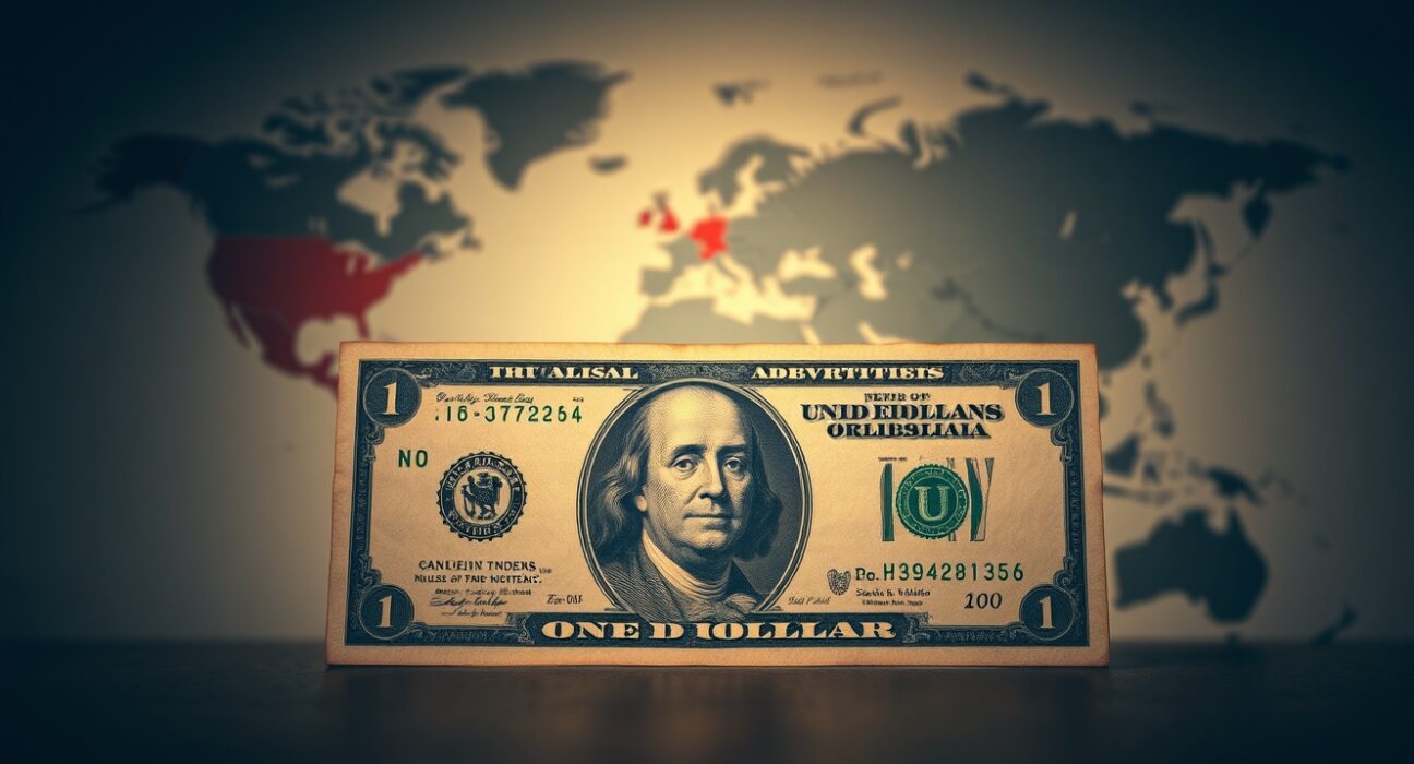 US Dollar banknote with blurred world map and Middle East conflict zones in background