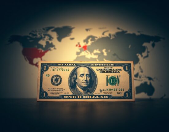 US Dollar banknote with blurred world map and Middle East conflict zones in background