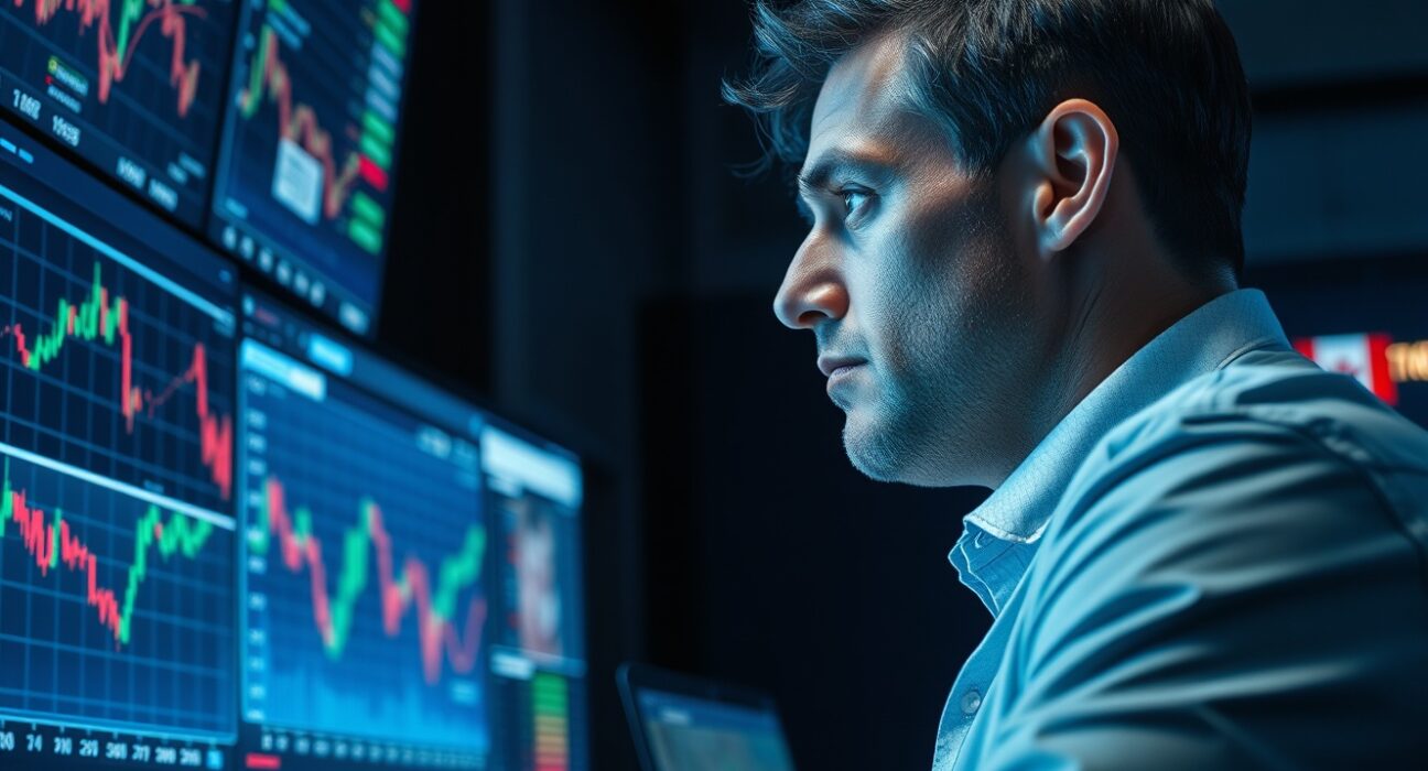 Trader monitors US dollar and forex charts on multiple screens in a professional trading environment