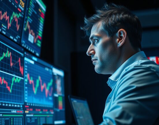 Trader monitors US dollar and forex charts on multiple screens in a professional trading environment