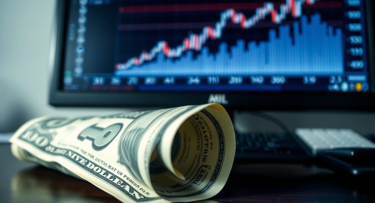US Dollar banknote and financial chart on desk representing inflation-driven currency gains.
