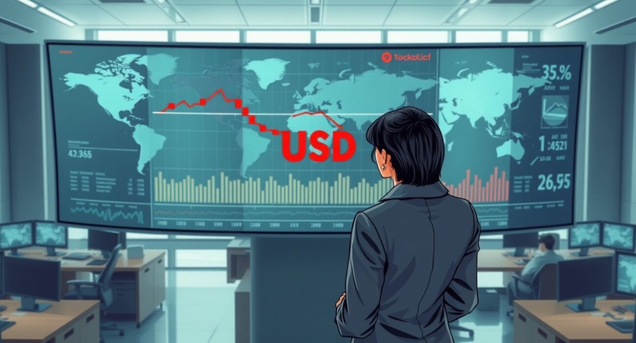 Financial analyst monitoring US dollar currency charts showing weakness amid geopolitical conflict risks