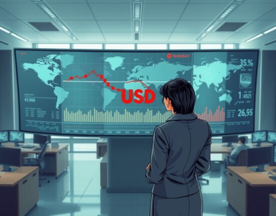 Financial analyst monitoring US dollar currency charts showing weakness amid geopolitical conflict risks