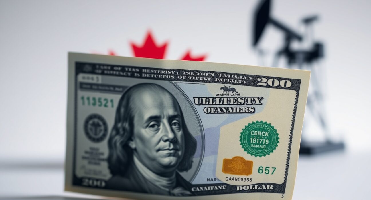 US Dollar and Canadian Dollar banknotes with oil rig silhouette in background
