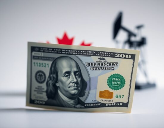 US Dollar and Canadian Dollar banknotes with oil rig silhouette in background