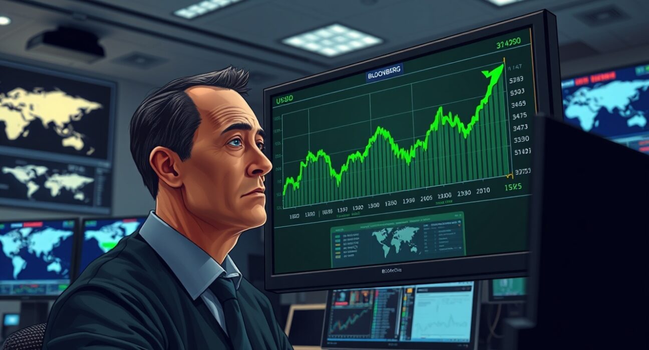 Financial analyst monitors rising US dollar chart amid geopolitical tensions, illustrating