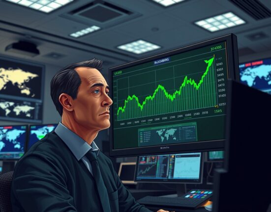 Financial analyst monitors rising US dollar chart amid geopolitical tensions, illustrating safe-haven demand.