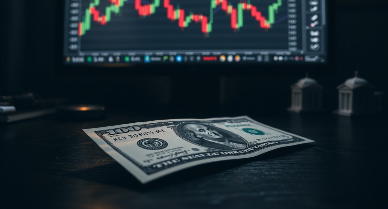 US dollar banknote on desk with financial chart and Federal Reserve model in background