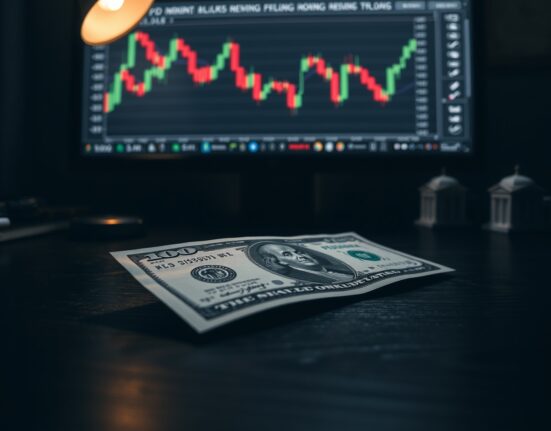 US dollar banknote on desk with financial chart and Federal Reserve model in background