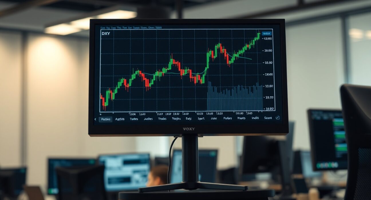 Financial trading screen showing US Dollar index chart with upward trend
