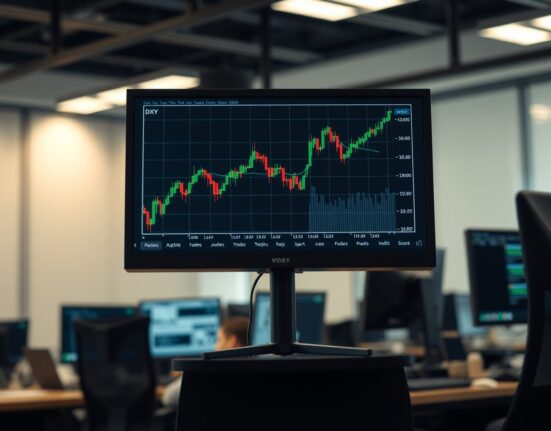 Financial trading screen showing US Dollar index chart with upward trend