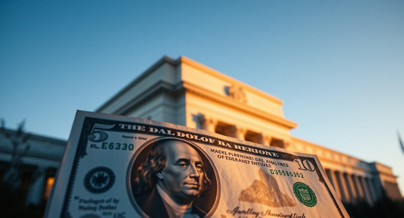 US dollar banknote in foreground with Federal Reserve building in background at dusk